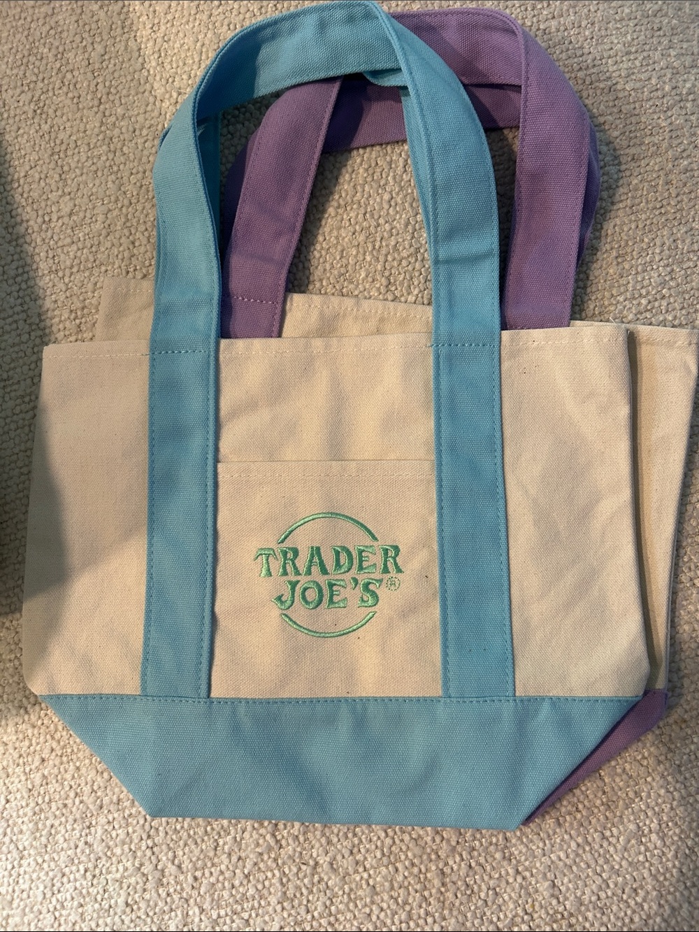 Trader Joe's Canvas Tote in Natural with Turquoise and Lavender Accents